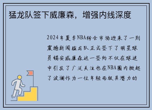 猛龙队签下威廉森，增强内线深度